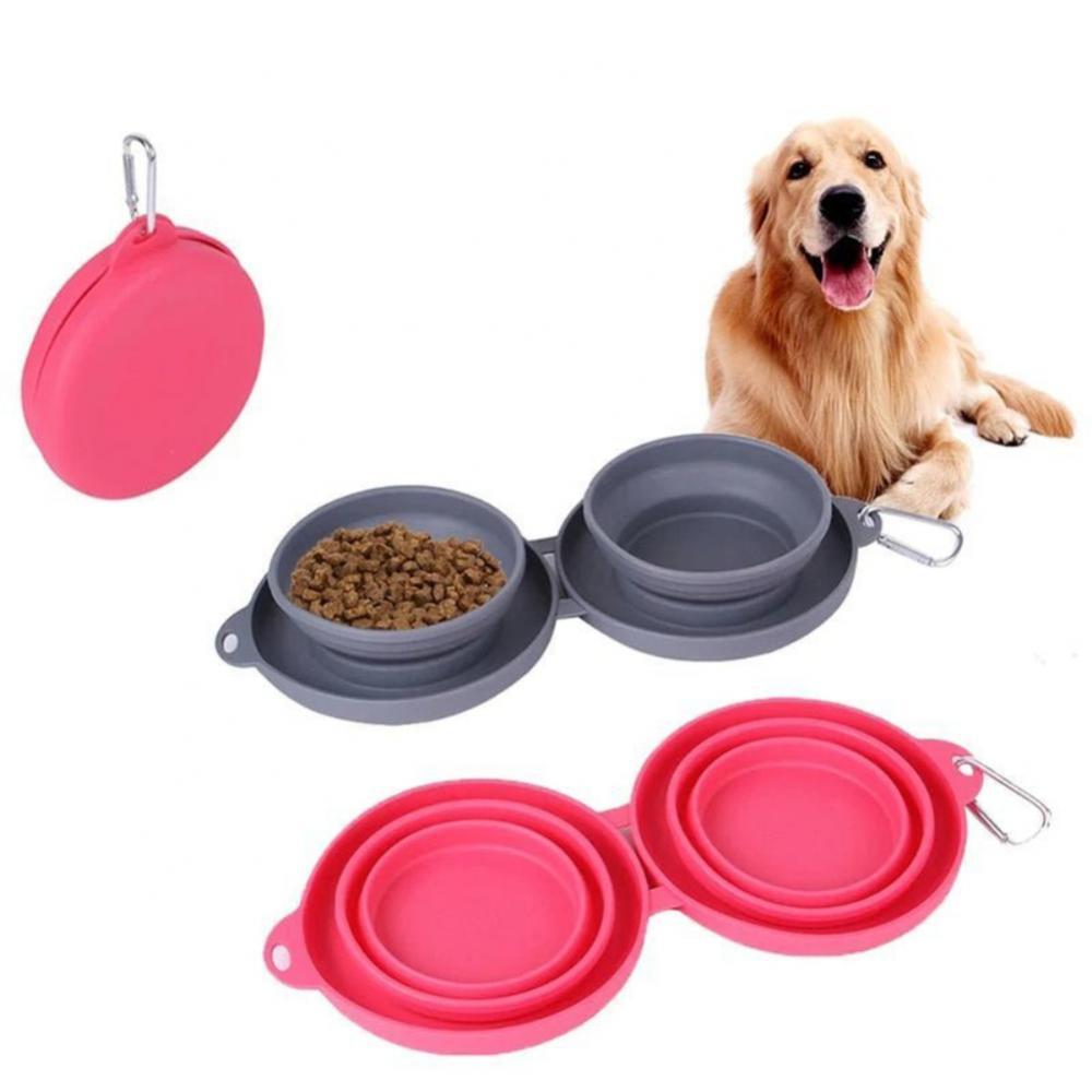 Double Bowl Pet Feeding - Foldable Silicone Bowls with No-Spill Mat