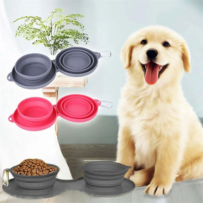 Double Bowl Pet Feeding - Foldable Silicone Bowls with No-Spill Mat