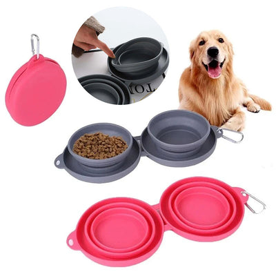 Double Bowl Pet Feeding - Foldable Silicone Bowls with No-Spill Mat